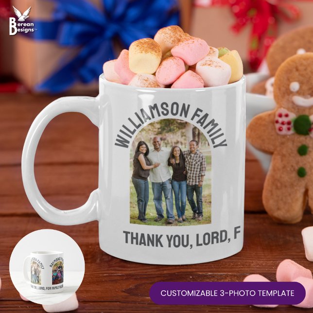 Custom FAMILY REUNION Souvenir 3 Photo Christmas Coffee Mug (Fully CUSTOMIZABLE 3-Photo Family Reunion Christmas mug you can personalize for 3 families or one)