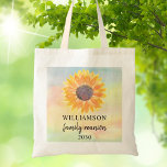 Custom Family Reunion Tote Bag<br><div class="desc">This Family Reunion tote bag is decorated with a yellow sunflower on a colorful watercolor background. Easily customizable. Use the Customize Further option to change the text size, style, or color. Because we create our own artwork you won't find this exact image from other designers. Original Watercolor © Michele Davies....</div>