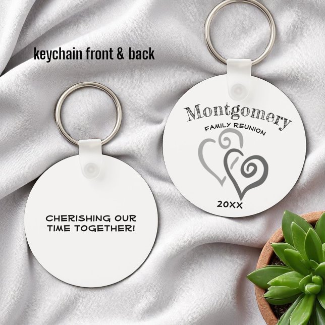 Custom Family Reunion Two Gray Linked Heart Keychain (front and back template keychain)