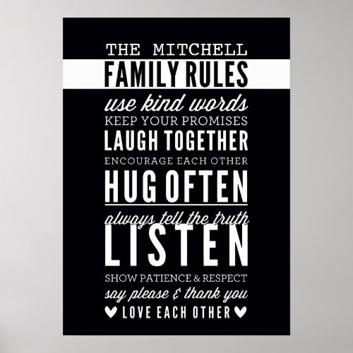 CUSTOM FAMILY RULES modern typography bold black Poster