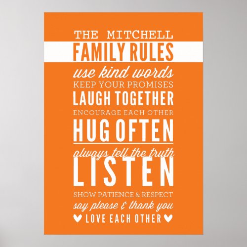 CUSTOM FAMILY RULES modern typography bold orange Poster