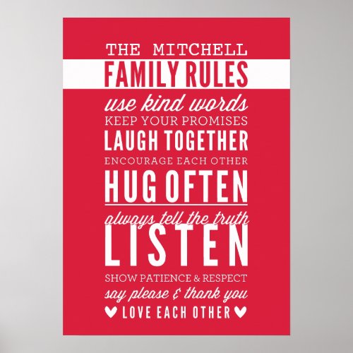 CUSTOM FAMILY RULES modern typography bright red Poster