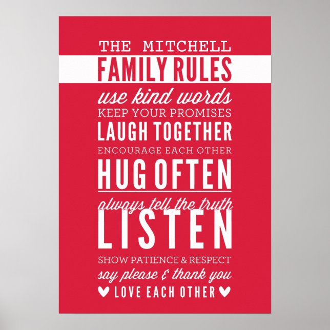 CUSTOM FAMILY RULES modern typography bright red Poster (Front)