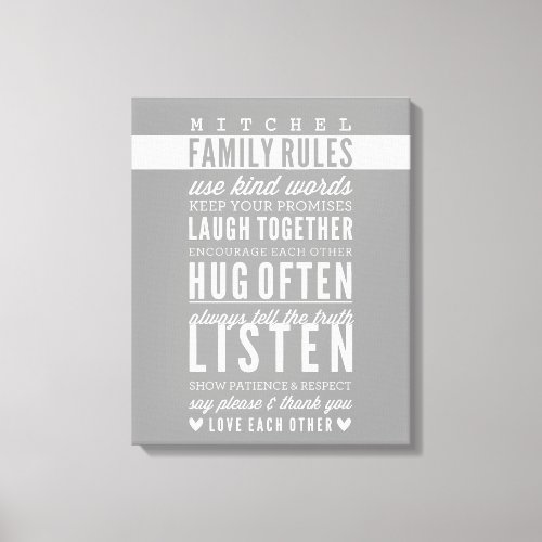 CUSTOM FAMILY RULES modern typography cool grey Canvas Print