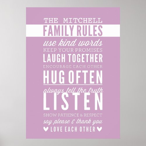 CUSTOM FAMILY RULES modern typography pale purple Poster