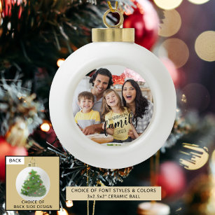 Custom FAMILY Script 2 Photo Keepsake Ceramic Ball Christmas Ornament