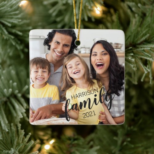 Custom FAMILY Script 2 Photo Keepsake Ceramic Ornament