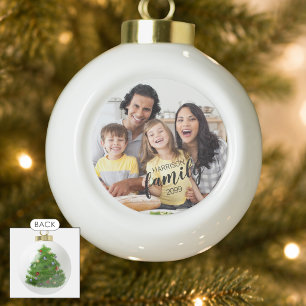 Custom FAMILY Script One Photo Keepsake Ceramic Ball Christmas Ornament