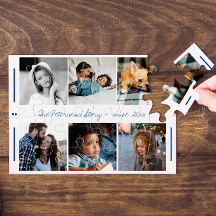 Custom family six photo collage modern script name jigsaw puzzle