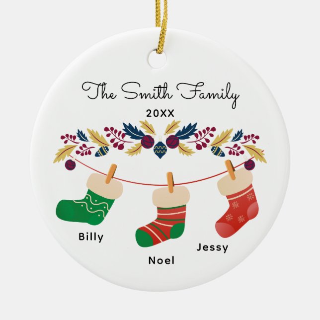 Custom Family Stocking Christmas with Names Ceramic Ornament (Front)