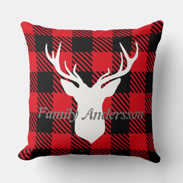 Custom family text cute trendy tartan red black throw pillow (Front)