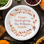 Custom Family Thanksgiving Party Fall Wreath Paper Plates<br><div class="desc">This beautiful autumn family Thanksgiving party plate features a pretty wreath of brown,  orange,  and red leaves around your personalized text. Customize these matching plates for the entire group with your last name and year in lovely fall colors.</div>