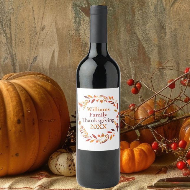 Custom Family Thanksgiving Party Fall Wreath Wine Label (Creator Uploaded)