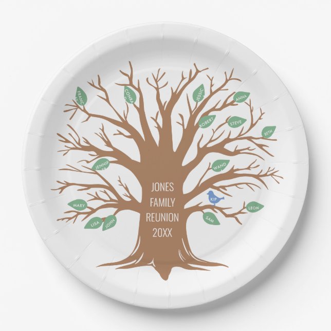 Custom Family tree with leaves and birds Paper Plates (Front)