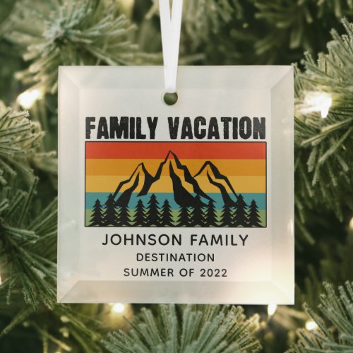 Custom Family Vacation Mountains Hiking Camping Glass Ornament