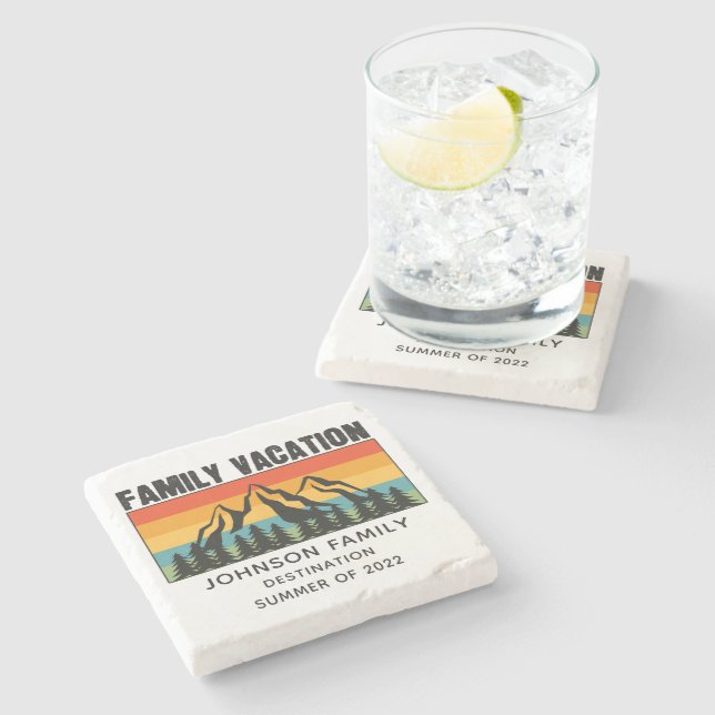 Custom Family Vacation Mountains Hiking Camping Stone Coaster (Side)