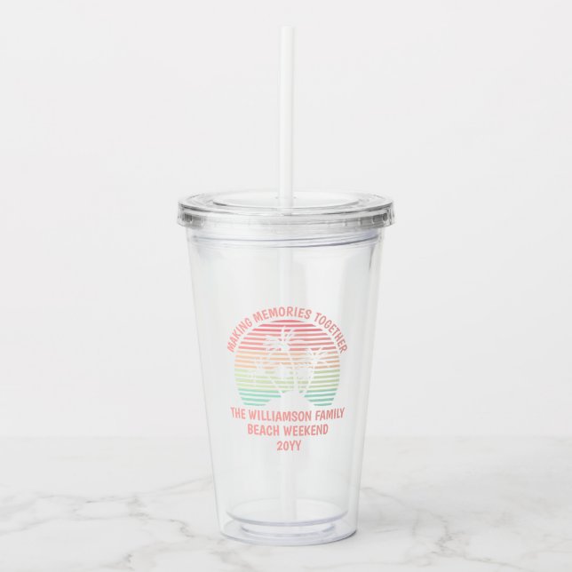 Custom Family Vacation Retro Tropical Beach Trip Acrylic Tumbler (Front)