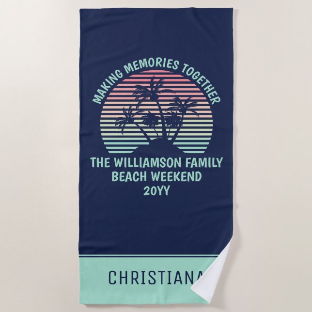 Custom Family Vacation Retro Tropical Beach Trip Beach Towel (Front)
