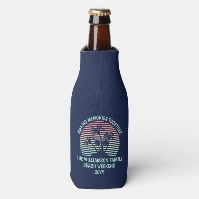 Custom Family Vacation Retro Tropical Beach Trip Bottle Cooler (Bottle Front)