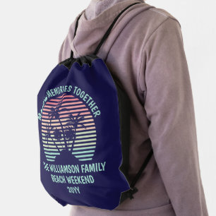 Custom Family Vacation Retro Tropical Beach Trip Drawstring Bag