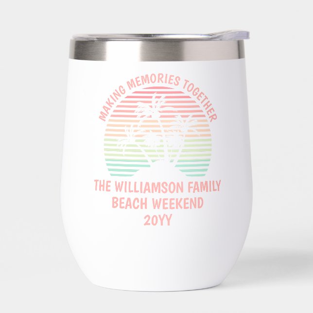 Custom Family Vacation Retro Tropical Beach Trip Thermal Wine Tumbler (Left)