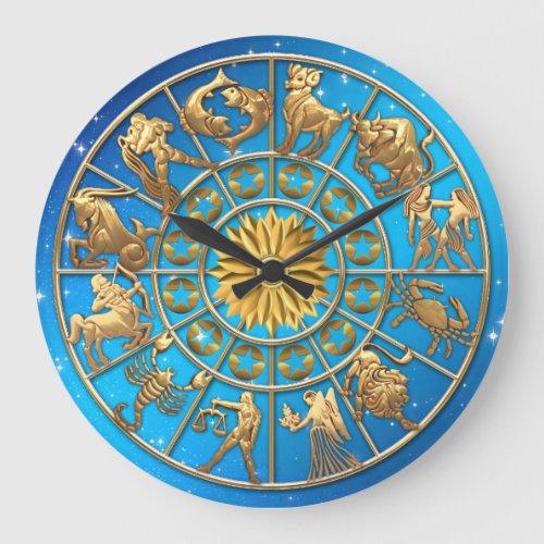 Custom Family Zodiac Sign Gold Stars Sun Astrology Large Clock