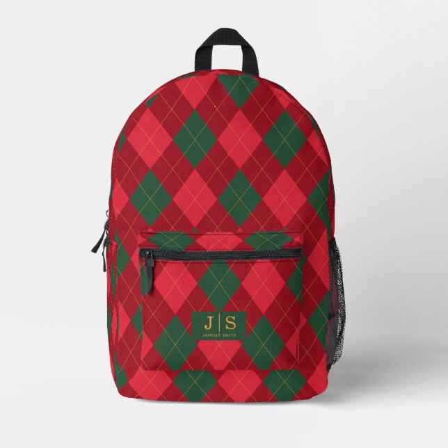 Custom Fancy Monogram Name Plaid Printed Backpack (Front)