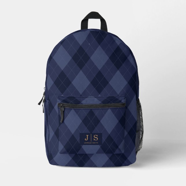 Custom Fancy Monogram Name Plaid Printed Backpack (Front)