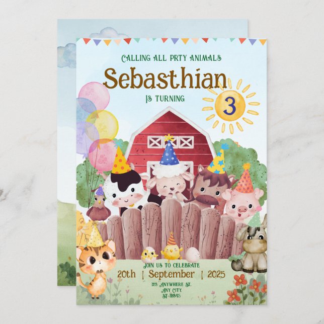 Custom Farm Animals Birthday Party Invitation (Front/Back)