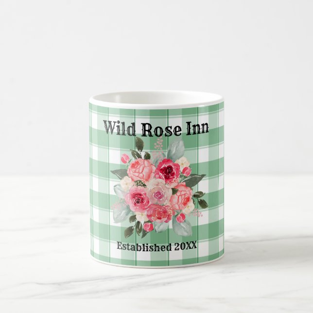 Custom Farmhouse Country Gingham Wild Roses Coffee Mug (Center)