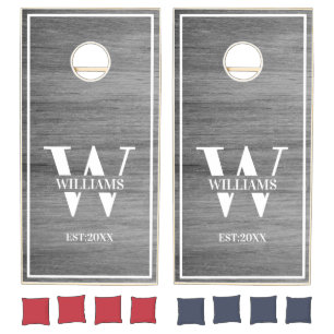 Custom Farmhouse Family Monogram Wooden Grey Cornhole Set