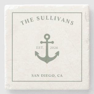 Custom Farmhouse Monogram Sage Green Anchor Stone Coaster