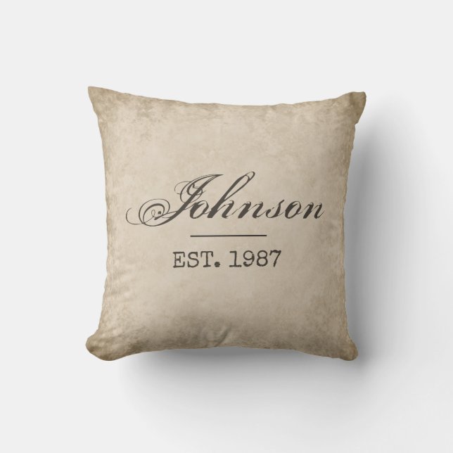 Custom Farmhouse Pillow, Your Last Name & EST Date Throw Pillow (Front)