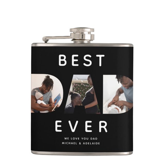 Custom Fathers Day Photo Collage Best Dad Ever Flask (Front)