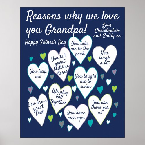 Custom Fathers Day Reasons We Love Grandpa Poster