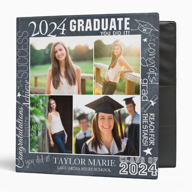 Custom Faux Chalk Graduation 2024 Photo Scrapbook 3 Ring Binder (Front/Inside)