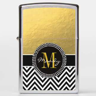 Custom Faux Gold Foil Black Chevron Monogram Zippo Lighter