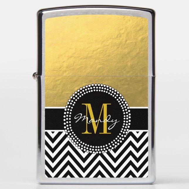 Custom Faux Gold Foil Black Chevron Monogram Zippo Lighter (Front)