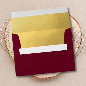 Custom Faux Gold Foil Insert Burgundy Red Wedding Envelope by UniqueWeddingShop at Zazzle