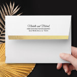 Custom Faux Gold Foil Insert White Wedding Envelope<br><div class="desc">To add an extra touch of class to your wedding invitations, send these elegant faux gold foil envelopes with option return of address at the back of envelope. Gold strips in front and back. COLOR: White - can be changed to any color. Can be edited with your font and size....</div>