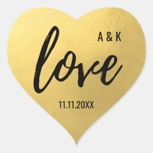 Custom Faux Gold Foil LOVE Script Black Wedding Heart Sticker