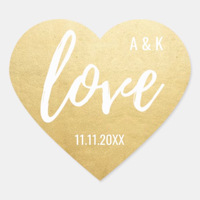 Custom Faux Gold Foil LOVE Script Black Wedding Heart Sticker (Front)