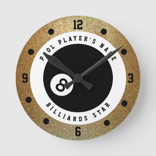 Custom Faux Gold Glitter Pool Player Billiards Round Clock
