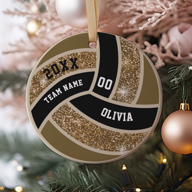 Custom Faux Gold Glitter White & Black Volleyball Ceramic Ornament (Creator Uploaded)