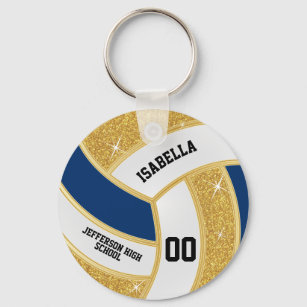 Custom Faux Gold Glitter, White & Blue Volleyball  Keychain