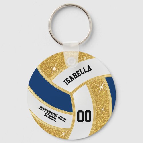 Custom Faux Gold Glitter White  Blue Volleyball  Keychain