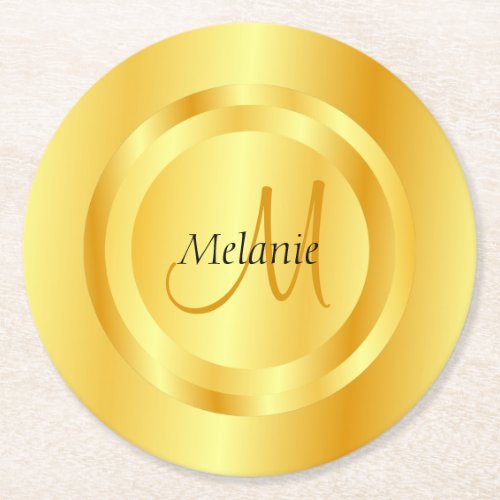 Custom Faux Gold Modern Monogram Elegant Template Round Paper Coaster