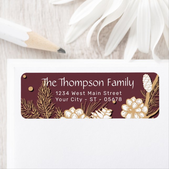 Custom Faux Gold Pine Cones Needles On Mauve Pink Label (Insitu)