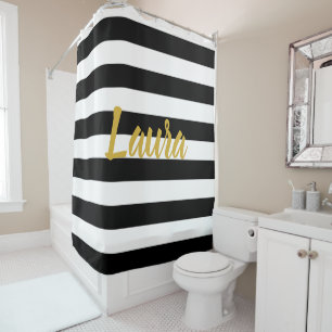 Custom Faux Gold Script Black and White Stripes Shower Curtain