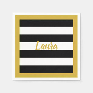 Custom Faux Gold Script on Black and White Stripes Napkins